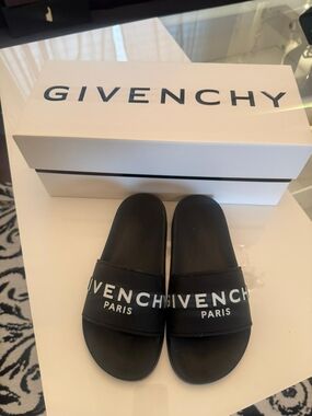 Givenchy Black Logo Slide Sandals with White Branding